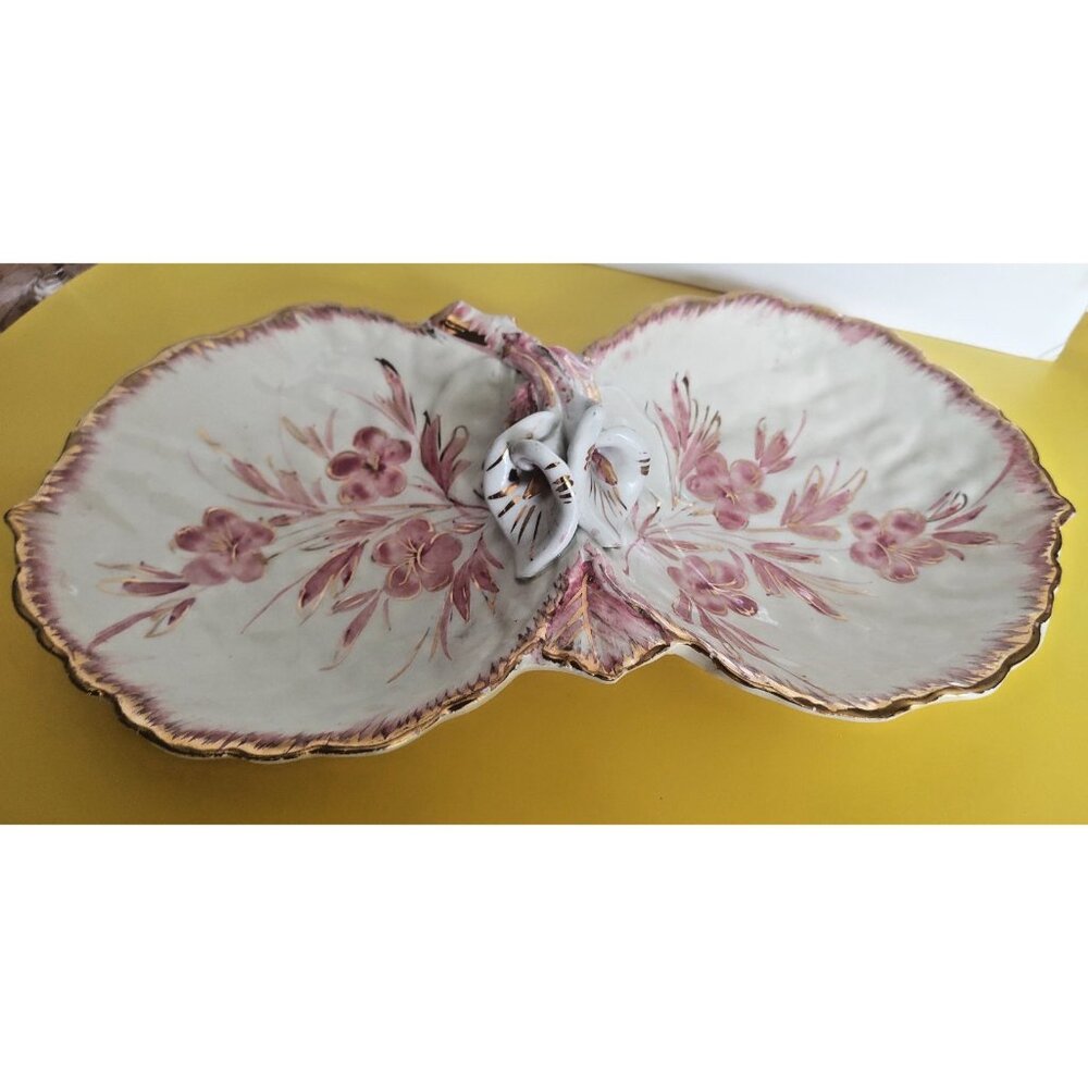 Vintage Italian Two Section Serving Dish Majolica Tulips & Floral gold Gilded